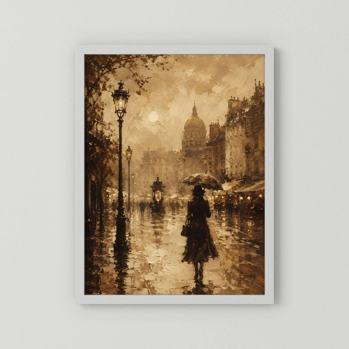 Hochformatiges Sepia-Stadtposter mit Laternen und Frau mit Regenschirm, im weißen Rahmen