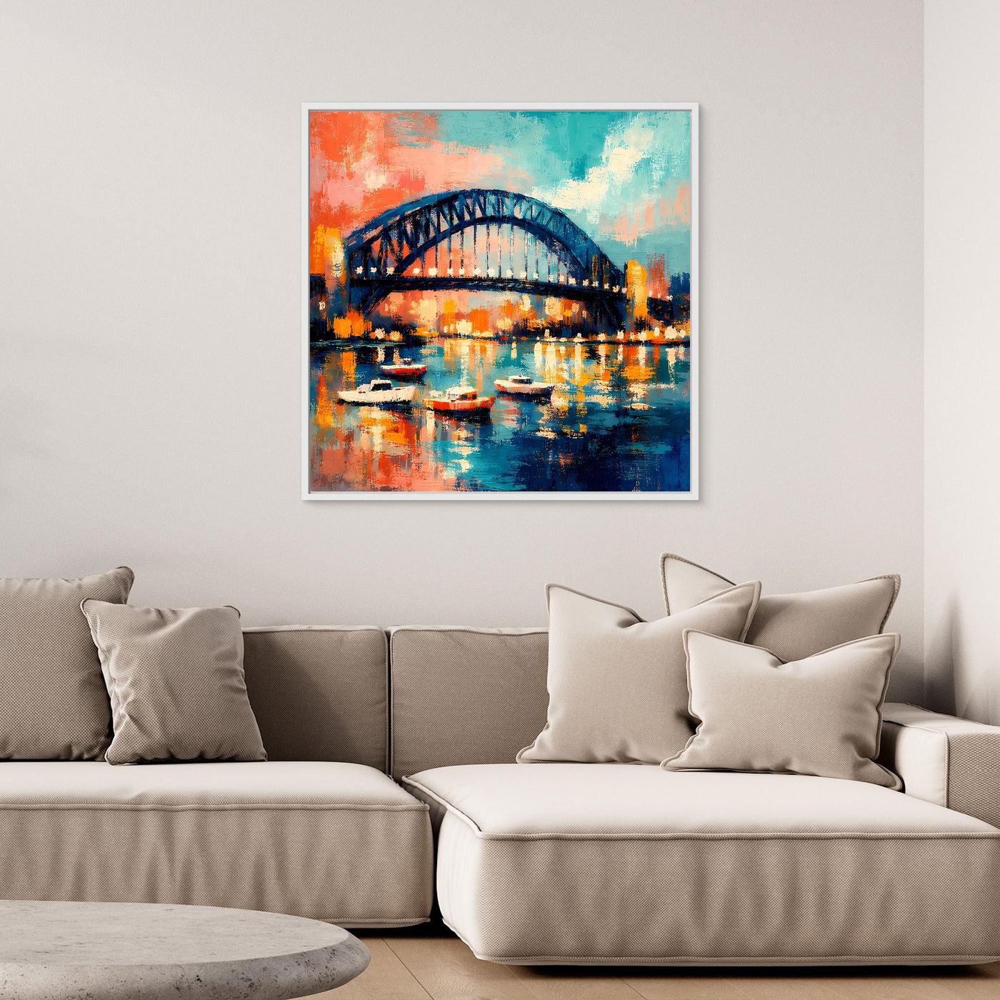 Leinwand-Wandbild mit abstraktem Hafenmotiv: blauviolette Brücke, Boote und leuchtende Spiegelungen