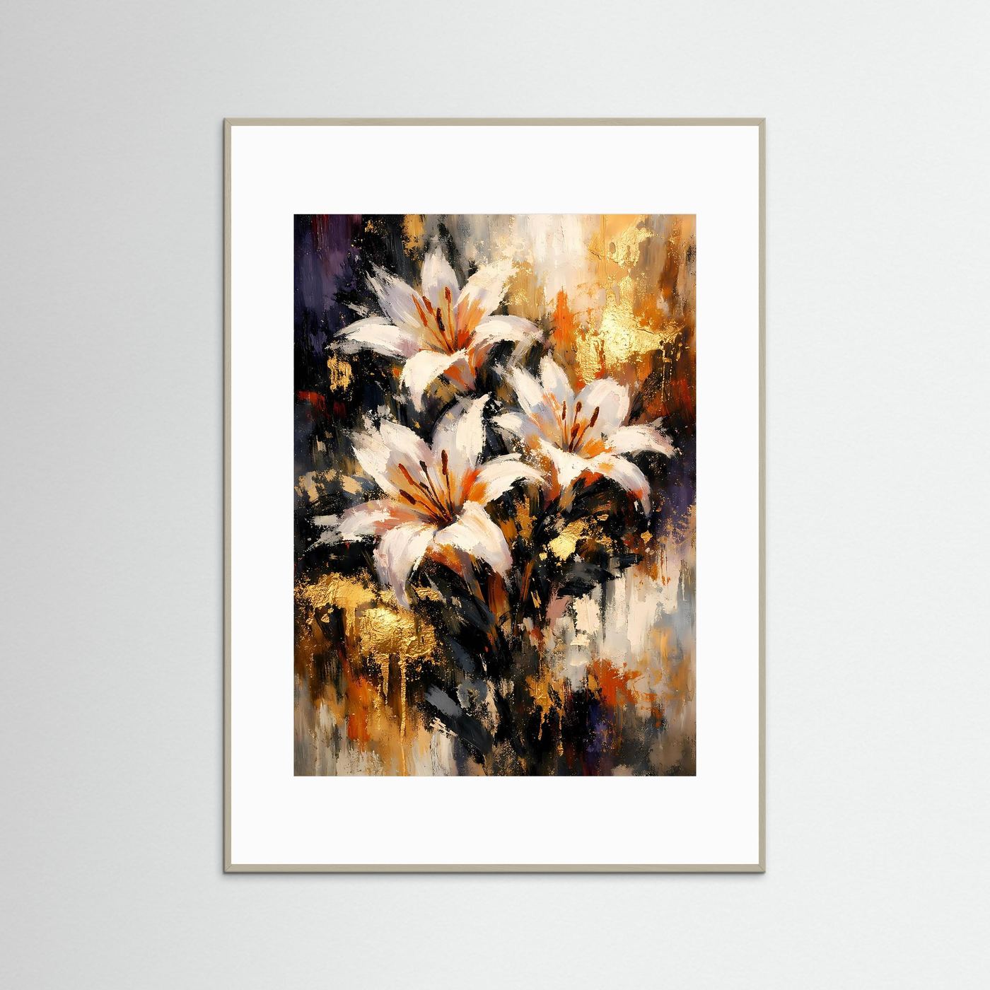 Kunstposter mit abstrakten weißen Lilien und Goldakzenten, grauer Rahmen