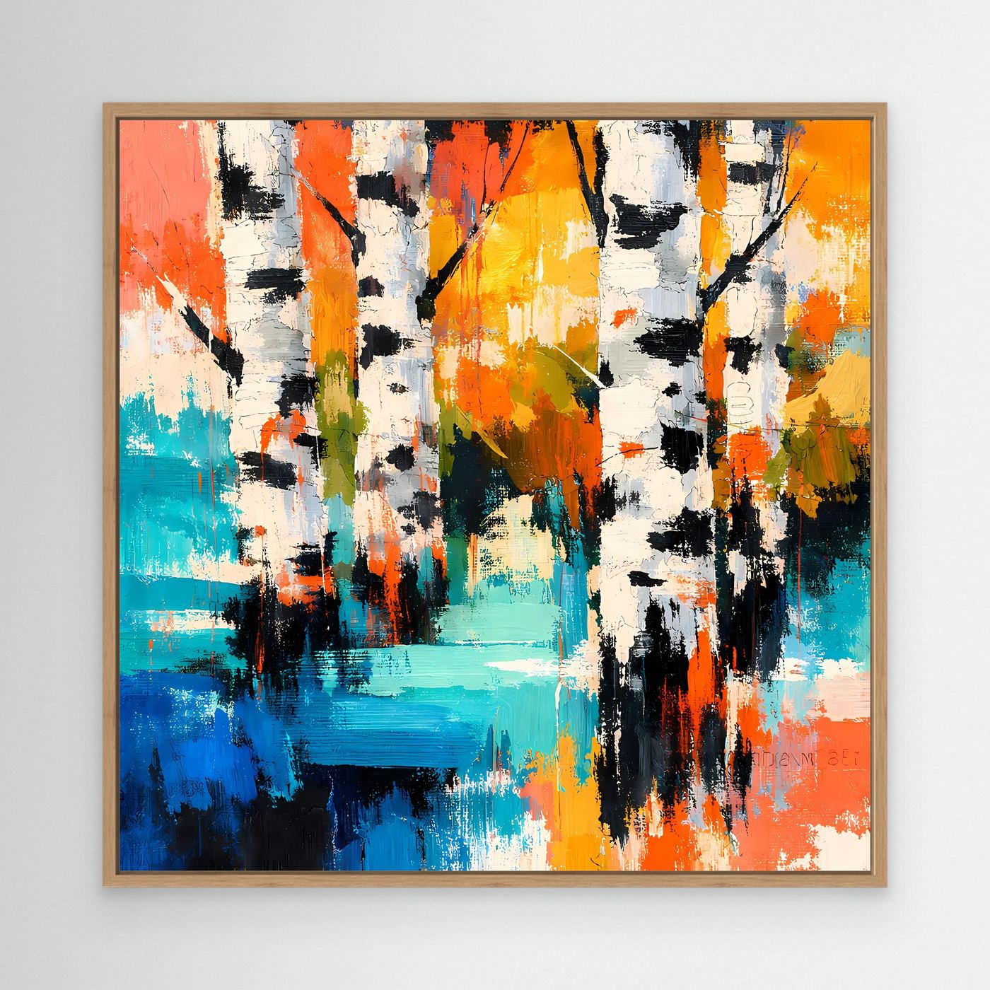 Abstract birch tree canvas wall art with oak wood frame and colorful vertical strokes