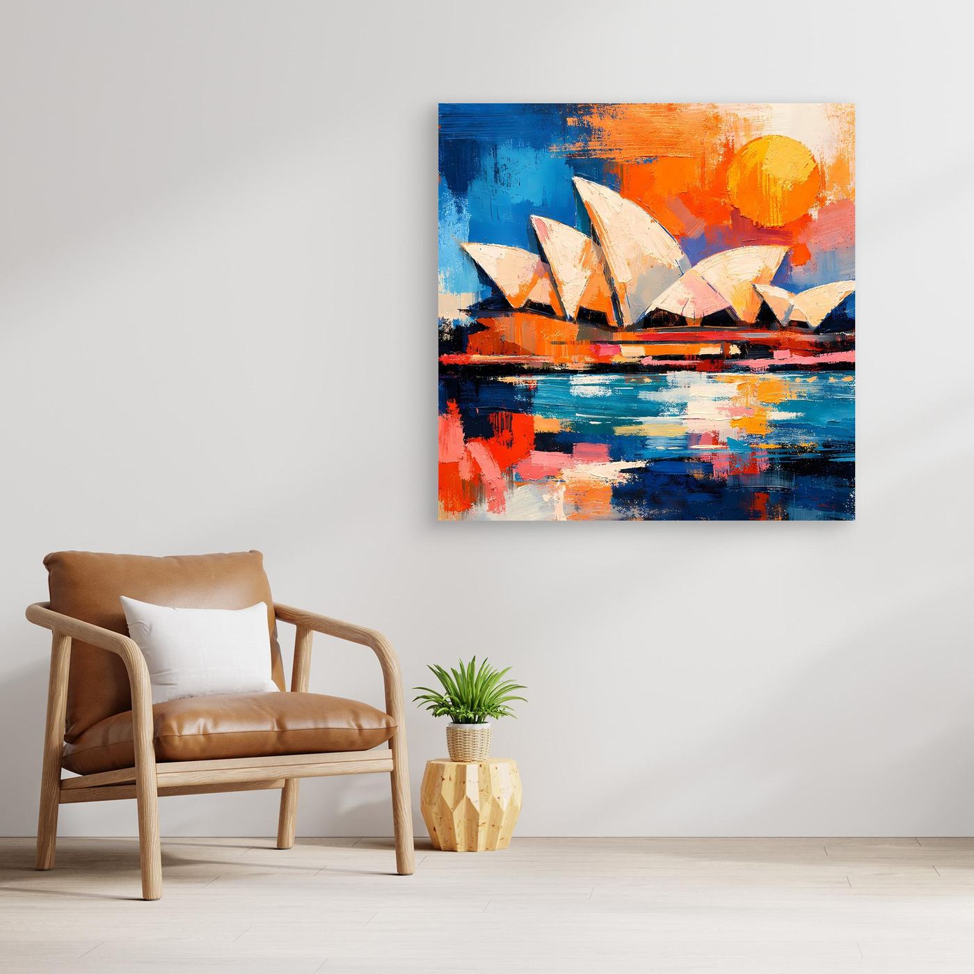 Abstract sailboat wall art with blue water and orange sky, frameless look