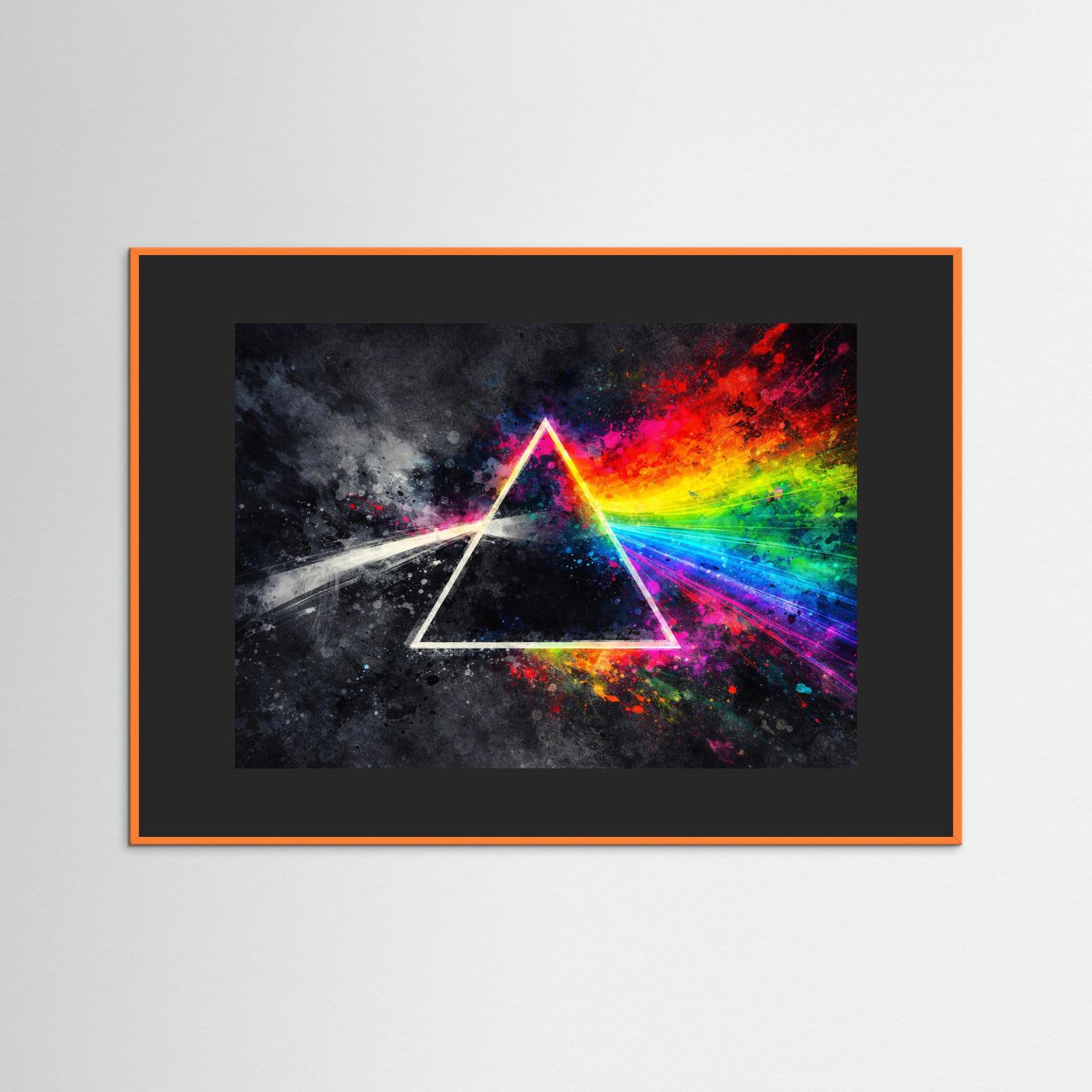 Wandbild-Poster mit Dreieckmotiv und Prismafarben, im orangefarbenen Rahmen