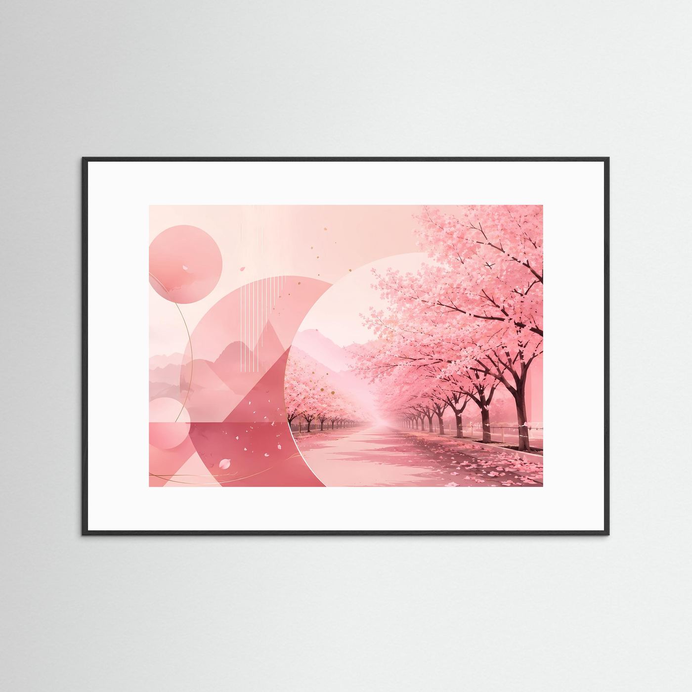 Poster im schwarzen Holzrahmen mit Weißrand und pinker Kirschblütenallee