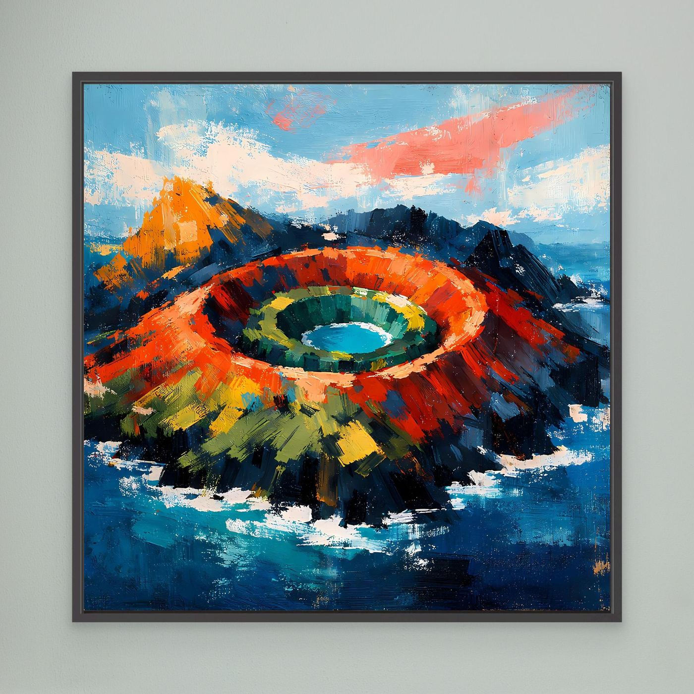 Gerahmtes abstraktes Leinwandbild mit Vulkankrater im Meer, blau-orangefarbene Farbwirbel.
