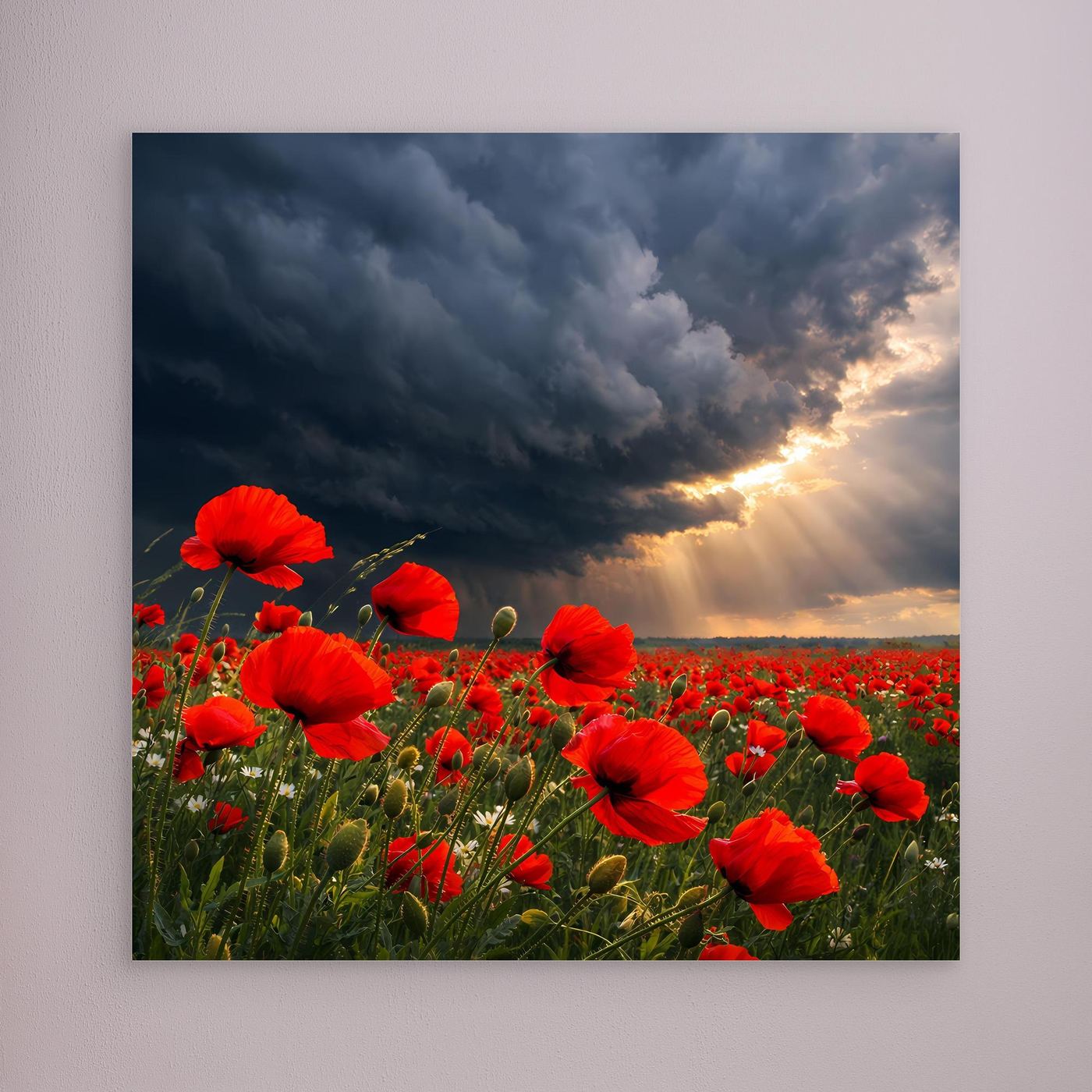 Leinwandbild mit rotem Mohnfeld und dramatischem Gewitterhimmel
