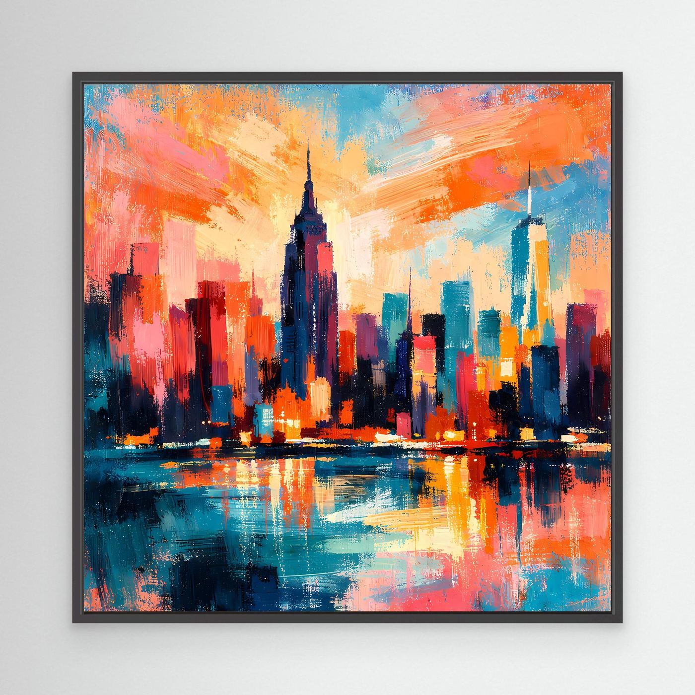 Gerahmtes Leinwandbild Skyline mit Spiegelung, orange-blau abstrakt, dunkler Rahmen