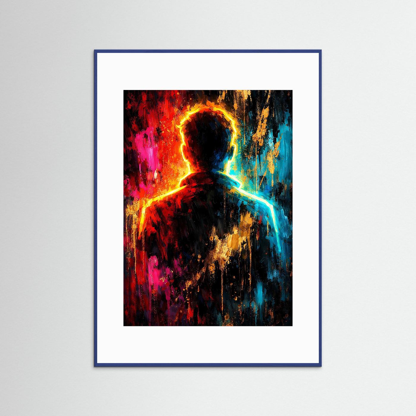 Neon-Silhouette-Poster mit leuchtender Figur in Rot, Blau und Gelb, blauer Holzrahmen