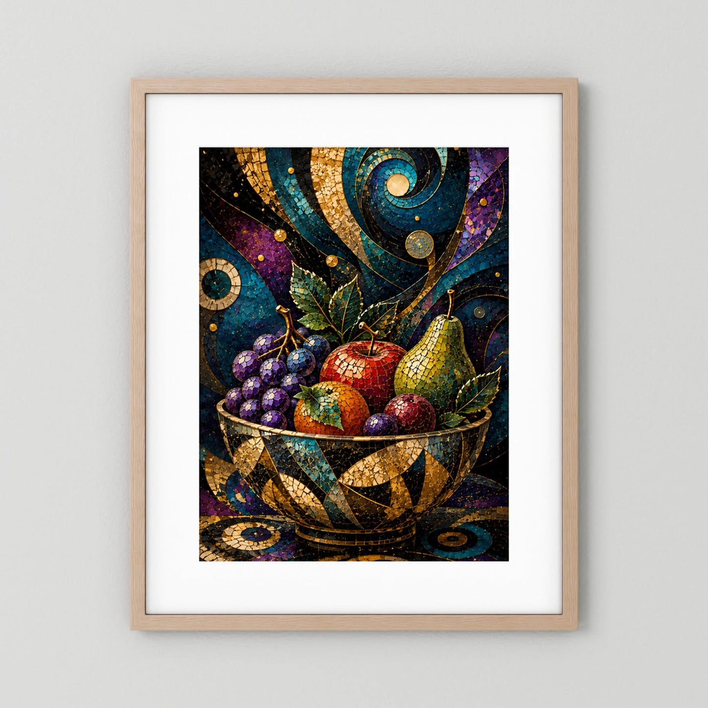 Poster im Hochformat mit hellem Holzrahmen und weißem Rand: Mosaik-Obstschale