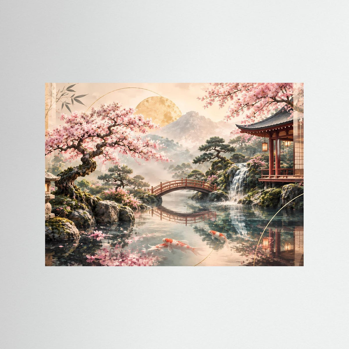 Zen-Garten-Poster im Querformat mit Kirschblüten, Koi im Teich und japanischem Tempel