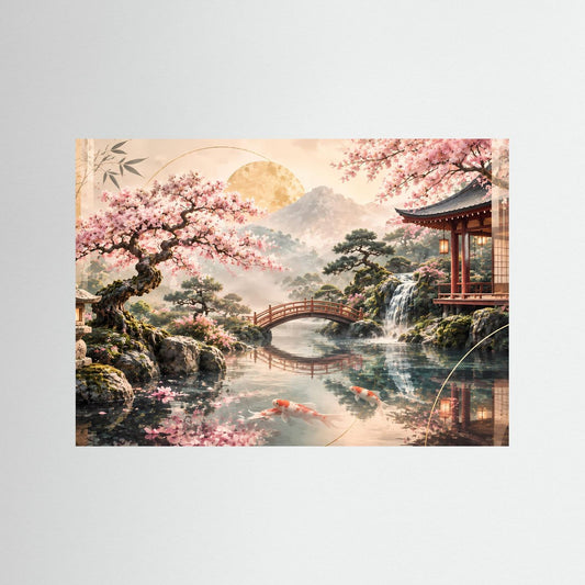 Zen-Garten-Poster im Querformat mit Kirschblüten, Koi im Teich und japanischem Tempel