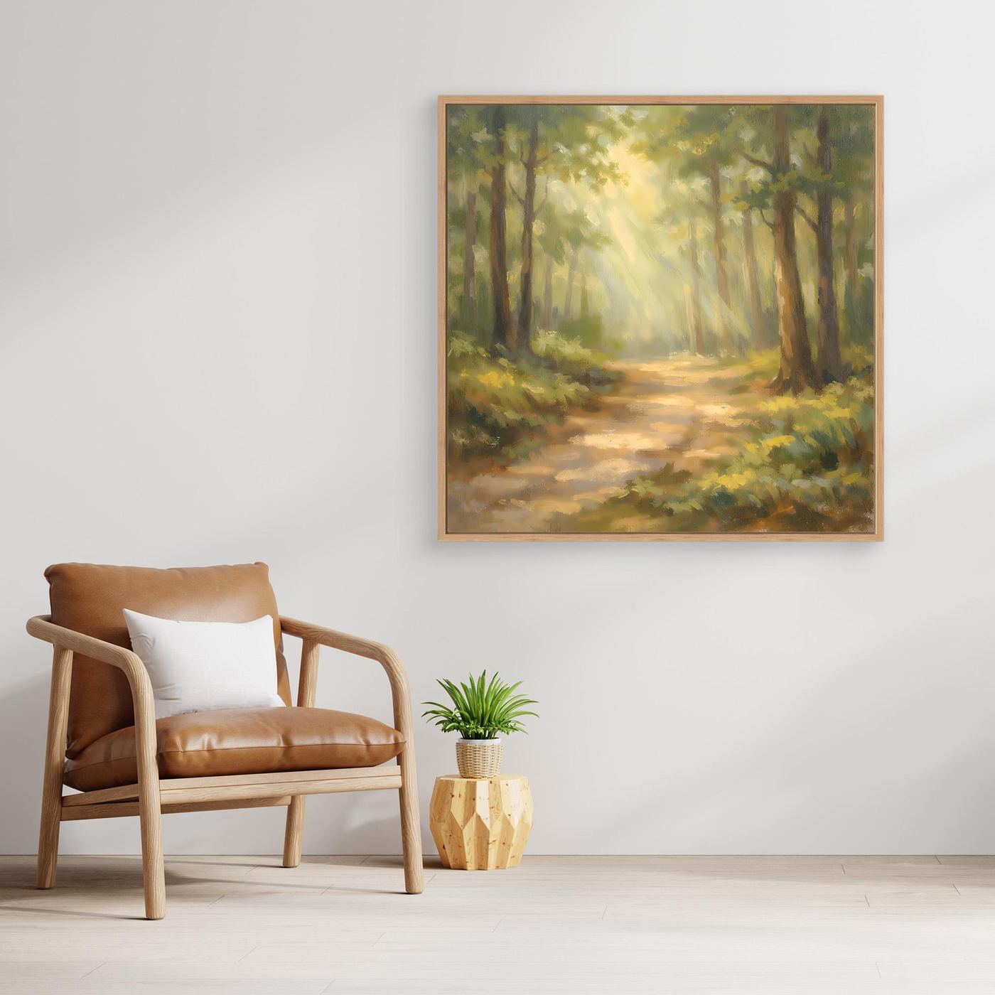 Leinwandbild Waldlandschaft mit Sonnenstrahlen im Eichenrahmen, quadratisch