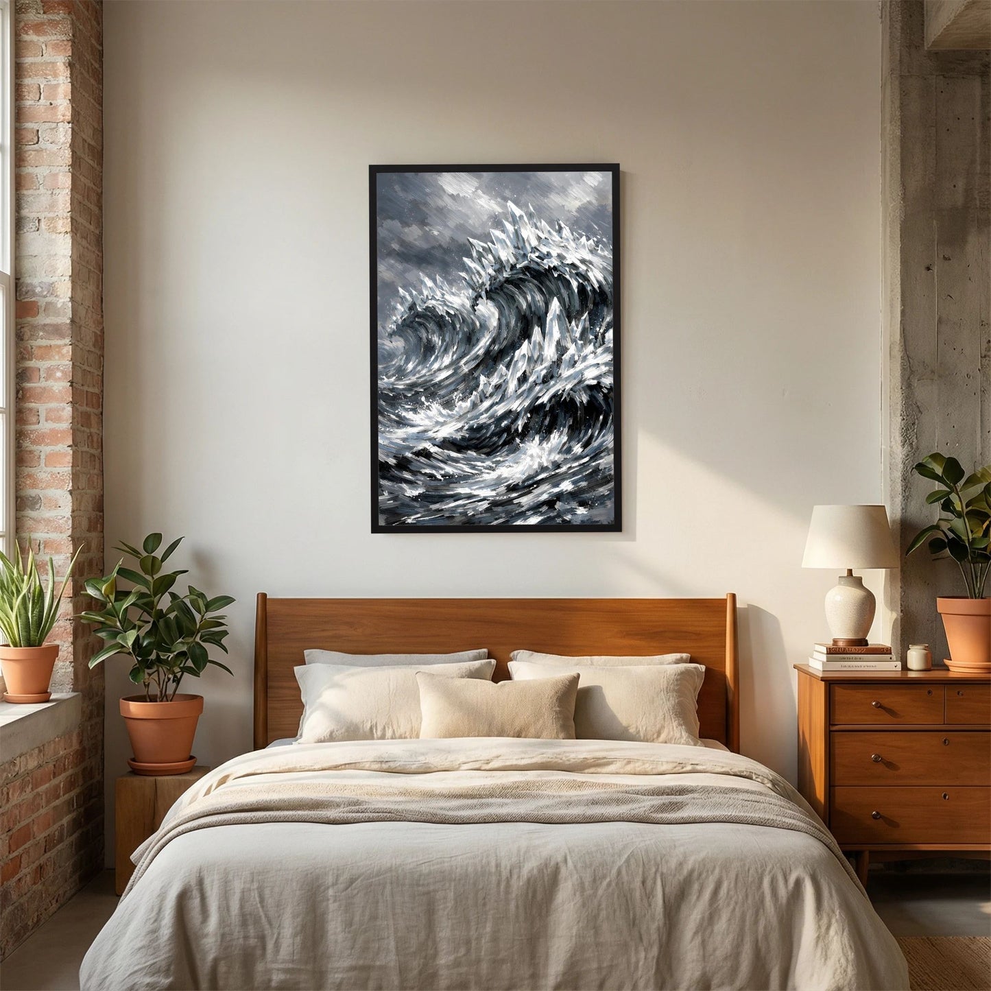 Hochformat-Poster mit schwarzem Rahmen und kontrastreichem Wellenbild in Schwarzweiß-Grau