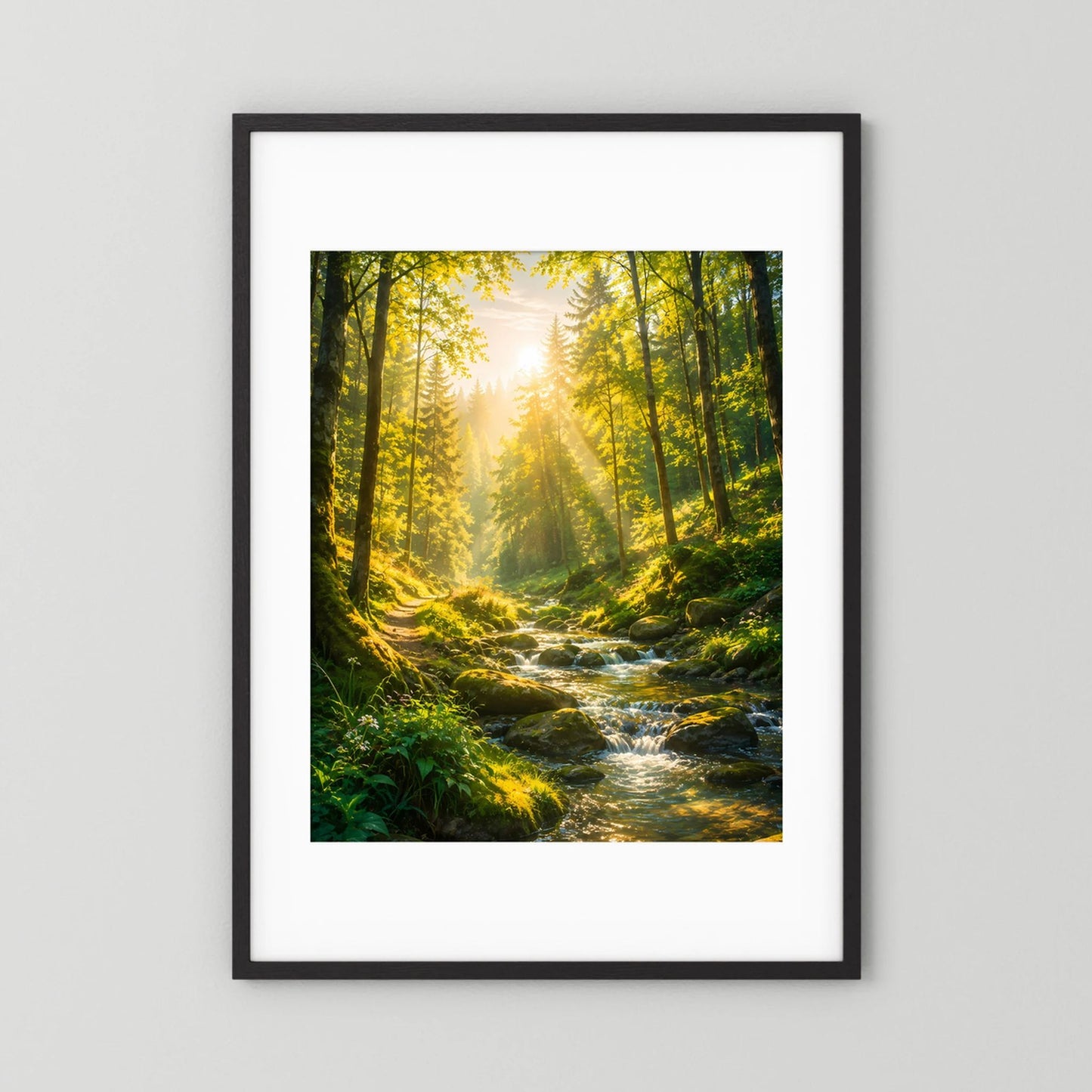 Poster mit schwarzem Rahmen und weißem Passepartout: grüner Waldbach, Lichtstrahlen