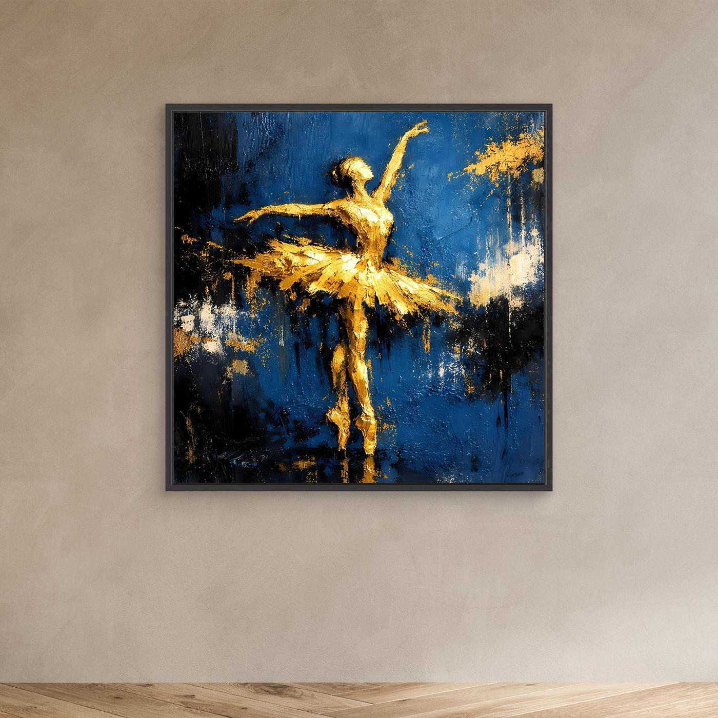 Leinwand Elegante Ballerina in Gold und Blau | Abstraktes Ballett Wandbild