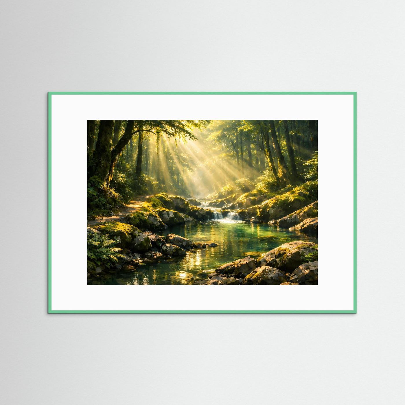 Wandbild-Poster mit Waldbach im Morgenlicht, grünem Rahmen, weißem Rand