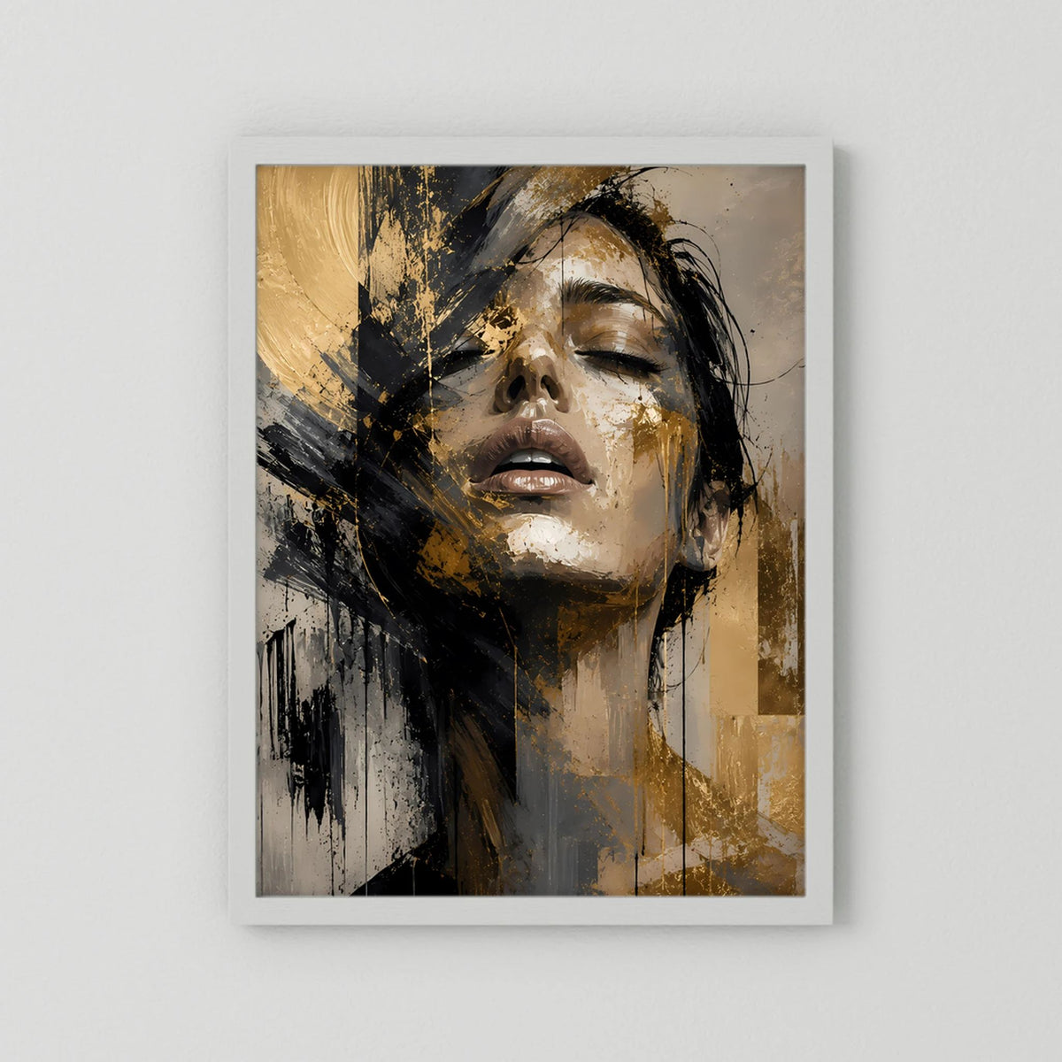 Poster im Hochformat mit abstraktem Frauenporträt in Gold und Schwarz, weißer Rahmen