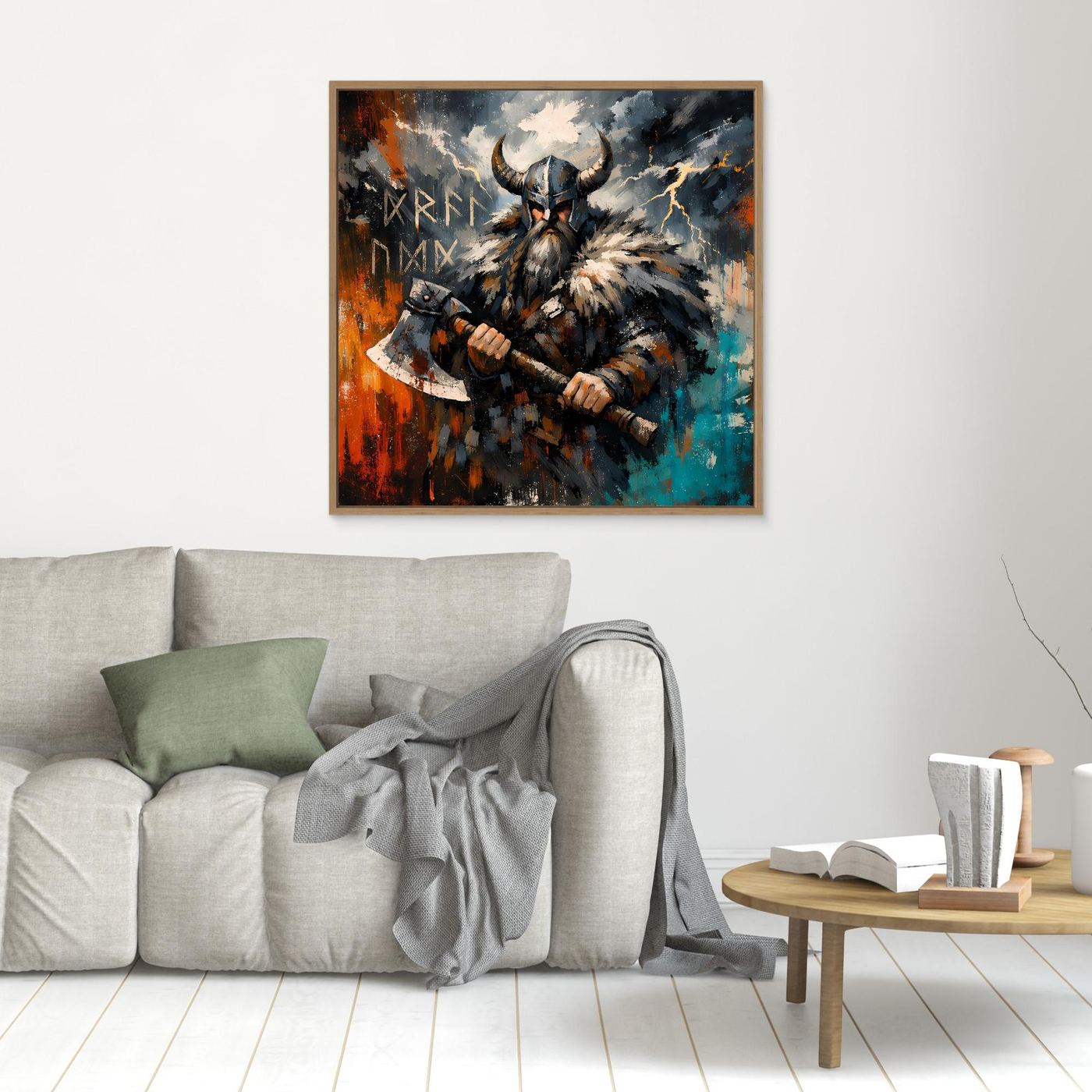 Wandbild mit Wikingerkrieger im Fellhelm und Streitaxt, goldbraun gerahmt, abstrakt in Blau/Orange