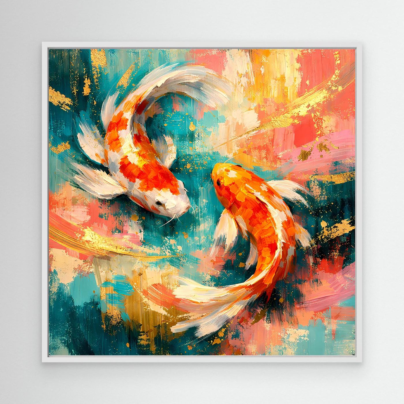 Leinwandbild mit Koi-Fischen im abstrakten Yin-Yang, mit weißem Rahmen