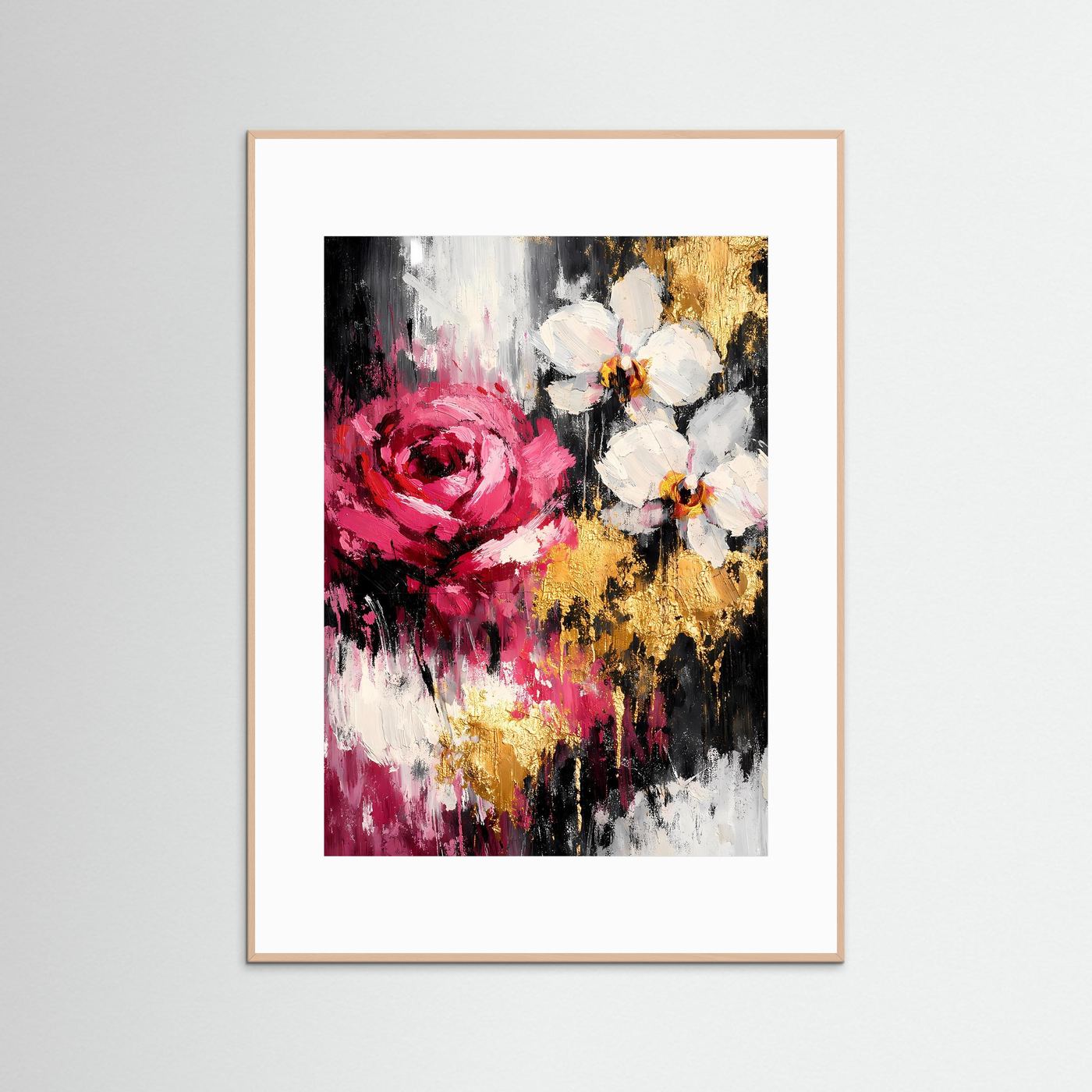 Gerahmtes Blumenposter mit abstrakten Blüten, Himbeerrot, Weiß und Gold; roséfarbener Holzrahmen.