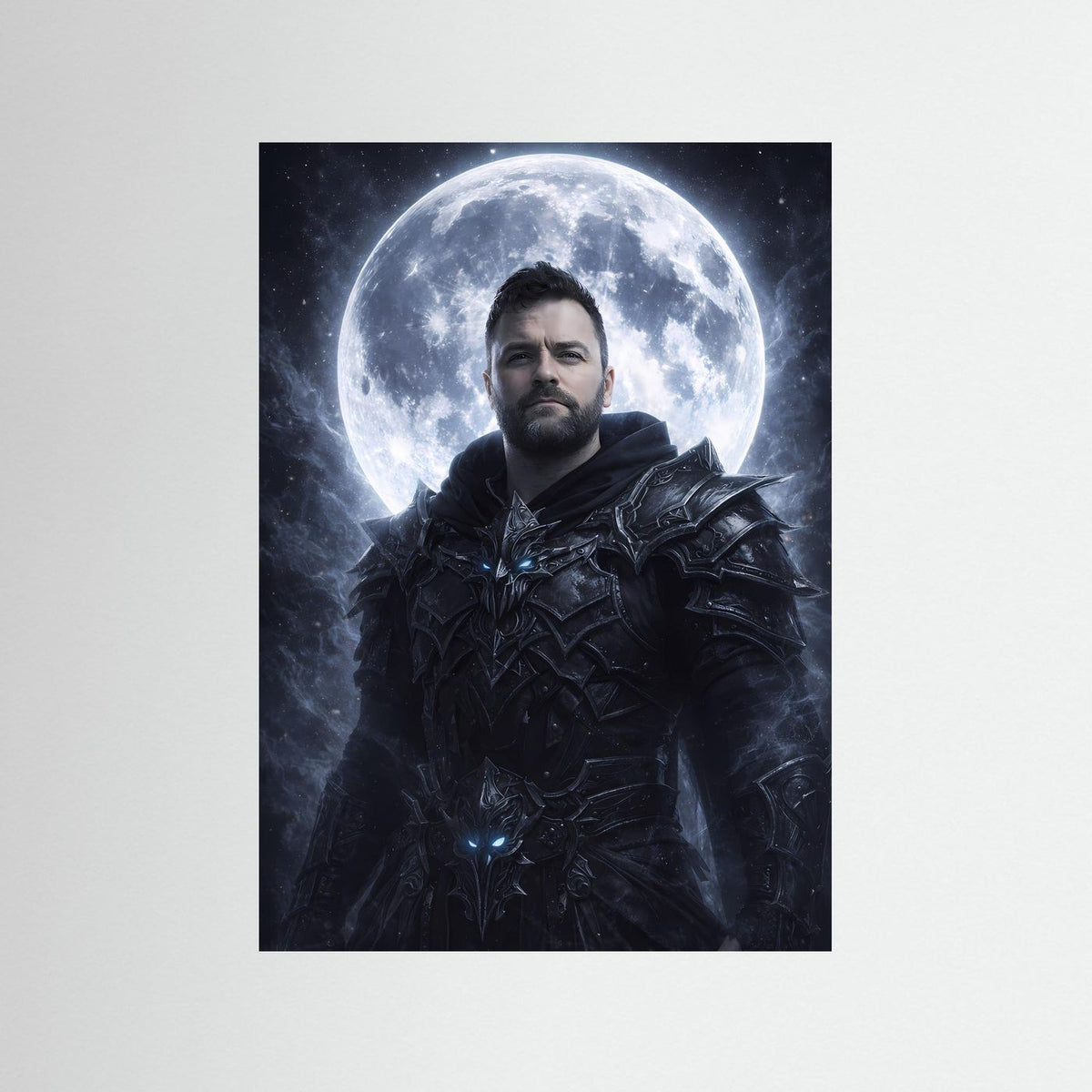 Fantasy-Poster: dunkler Ritter in schwarzer Rüstung mit Vollmond