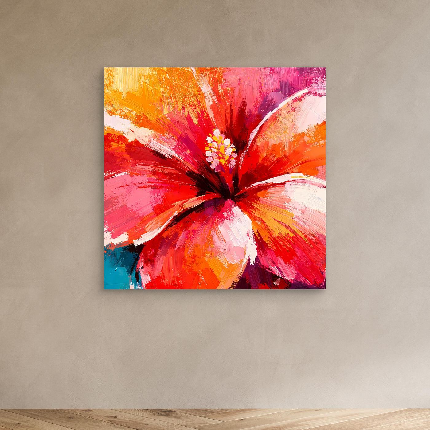 Leinwand Abstraktes Hibiskus Blütenbild | Modernes Tropen Wandbild Rot Pink