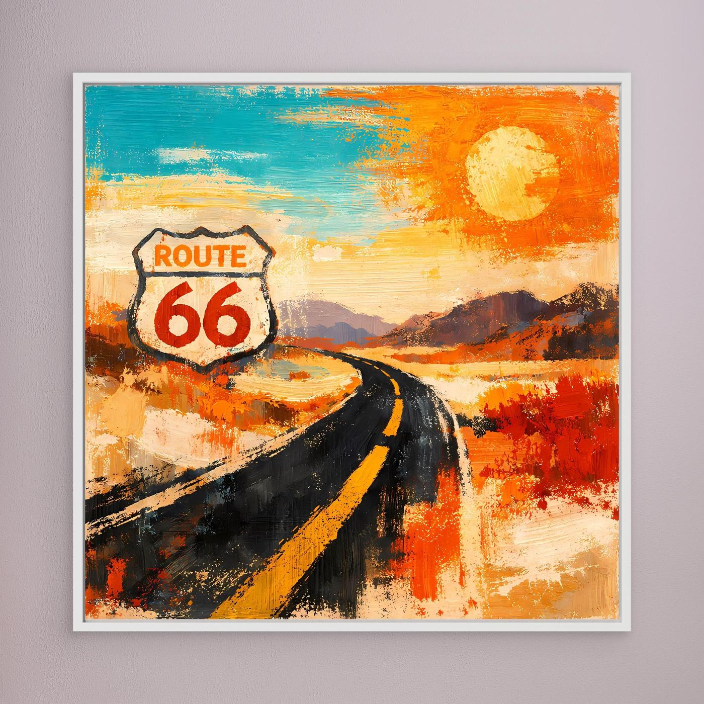 Gerahmtes Leinwandbild mit abstrakter Route-66-Straße und Sonne, weißer Rahmen