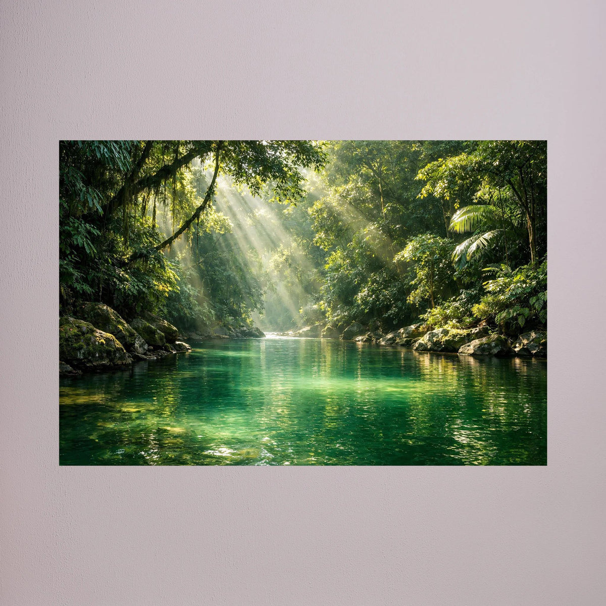 Poster Dschungel-Flusslandschaft im Querformat, türkisgrüner Fluss zwischen dichtem Grün