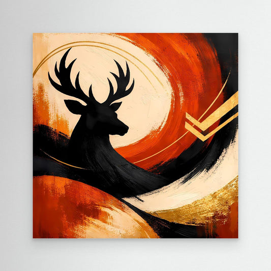 Leinwandbild mit stilisiertem Hirsch im Schwarz, Akzent in Orange und Gold, ohne Rahmen
