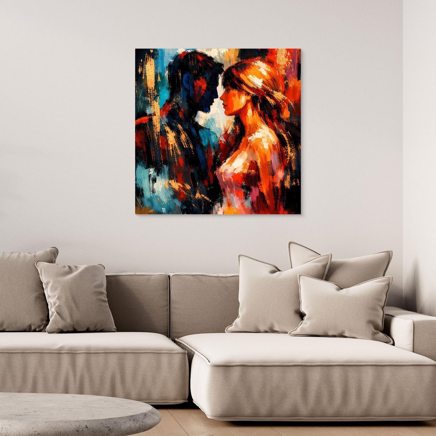 Leinwandbild mit abstraktem Liebespaar in Blau, Orange und Rot