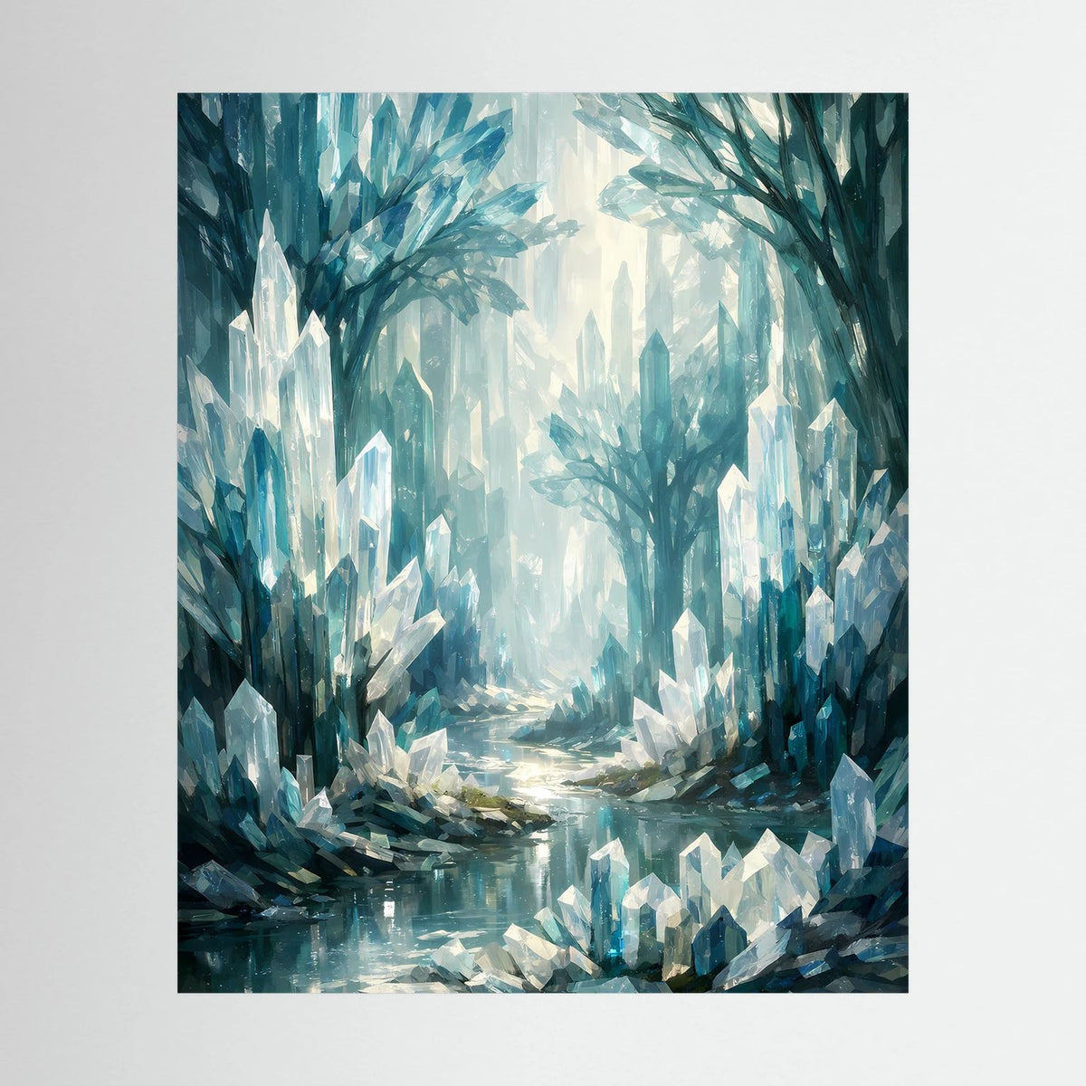 Hochformatiges Fantasy-Wandbild mit blauem Kristallwald und kristallenen Steinen, ohne Rahmen