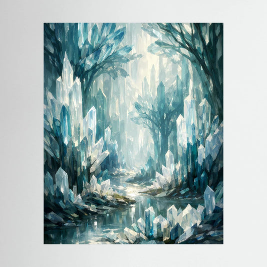 Hochformatiges Fantasy-Wandbild mit blauem Kristallwald und kristallenen Steinen, ohne Rahmen