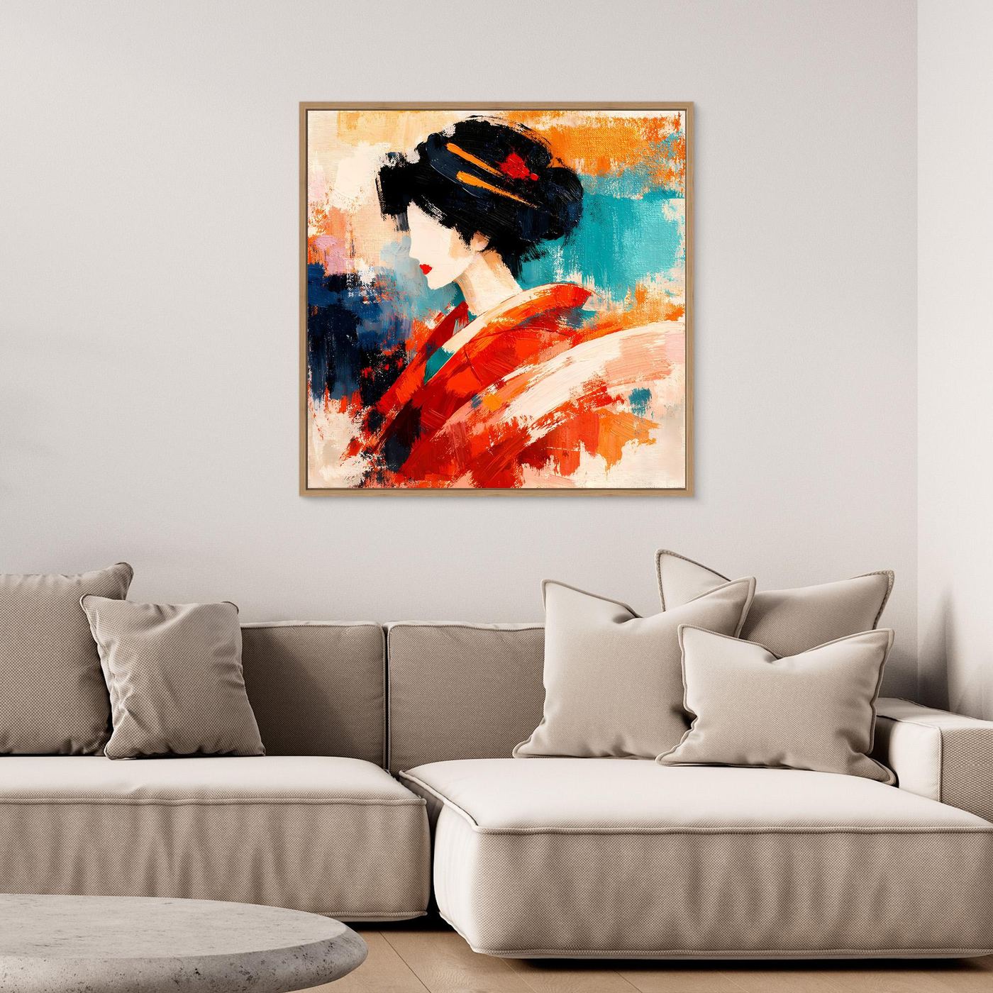 Oak-framed square canvas wall art of a geisha in red kimono, blue and orange abstract