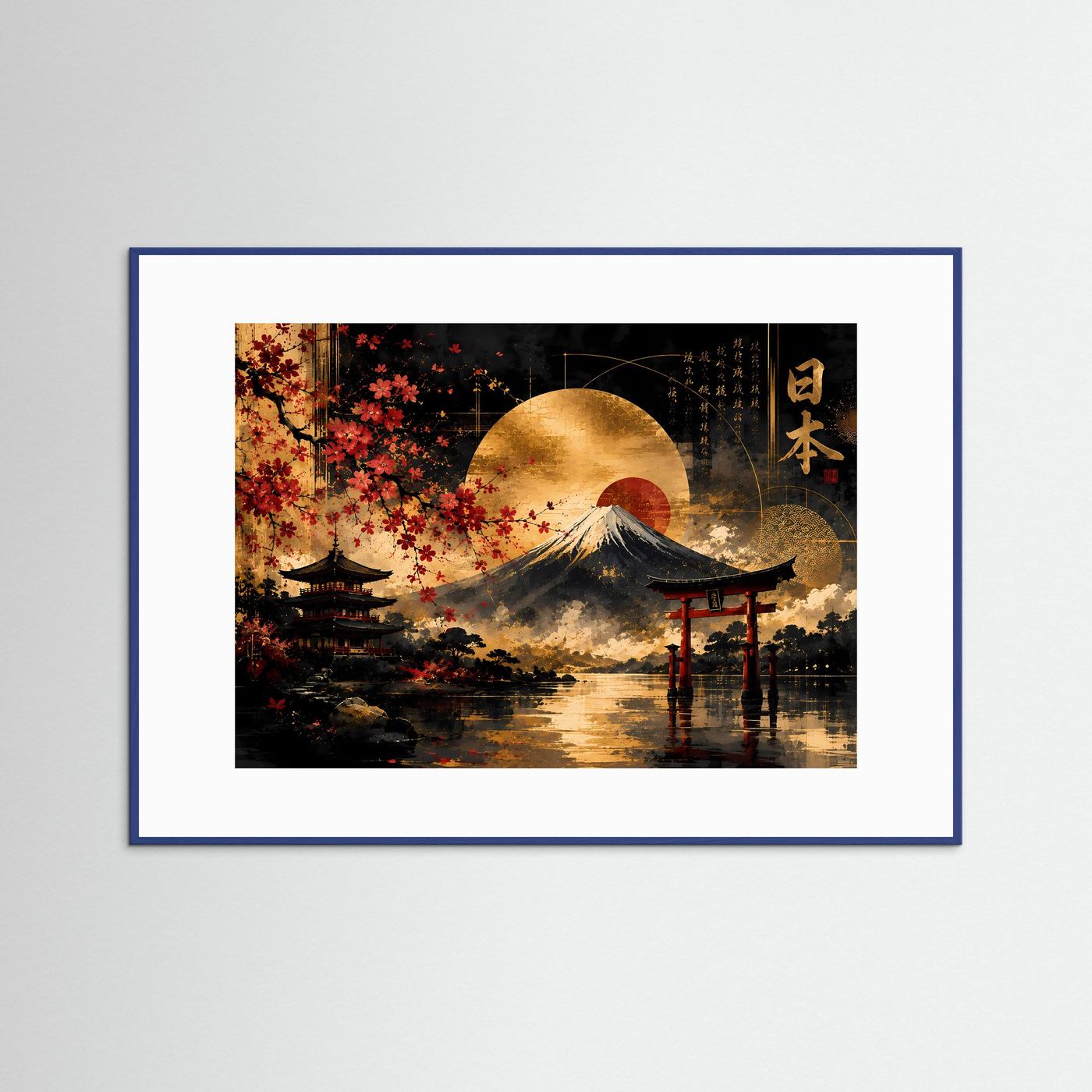 Japanische Landschaft mit Fuji, Kirschblüten und Torii | Goldene Sonne über Pagode und Wasser | Asiatische Wandkunst in Schwarz, Gold und Rot im Querformat