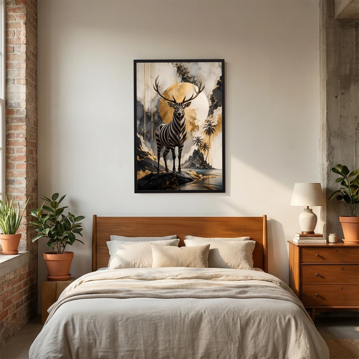 Kunstposter im Hochformat: Zebramuster-Hirsch mit Geweih und goldenen Akzenten, im schwarzen Rahmen