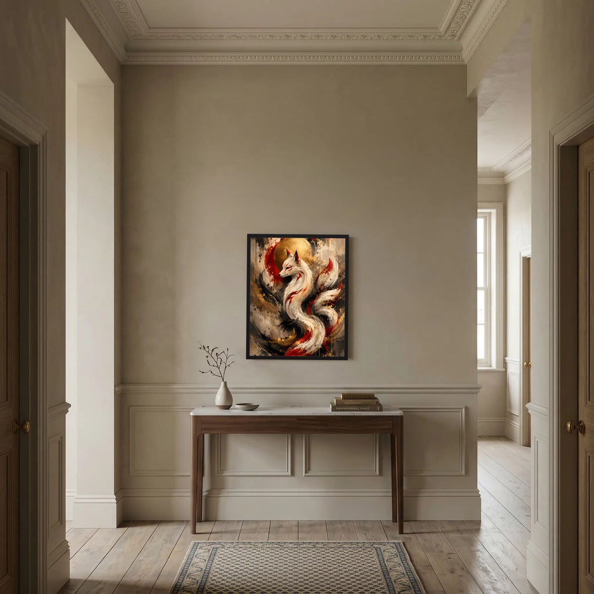 Ge rahmtes Kunstposter mit weißem Fuchs, roten Pinselstrichen und goldenem Mond