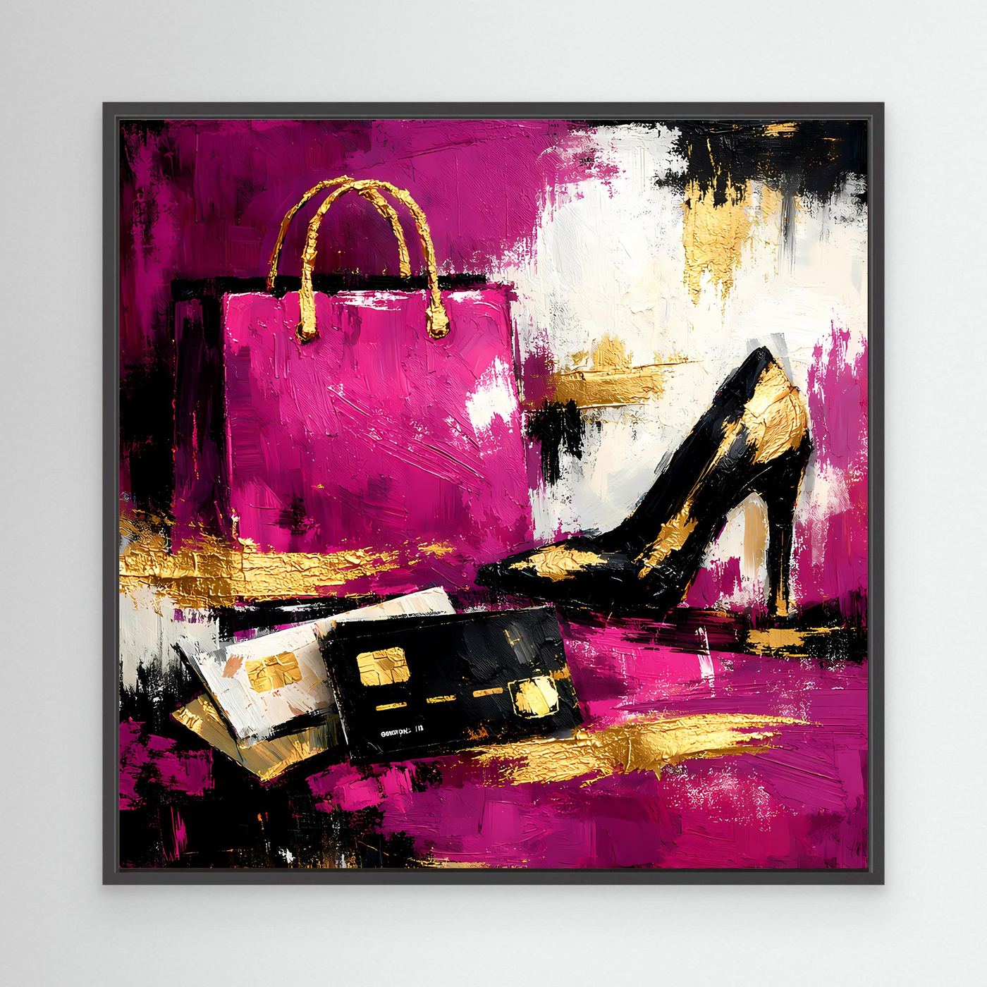 Leinwand Abstraktes Fashion Wandbild in Pink und Gold | Modernes High Heels & Shopping Gemälde