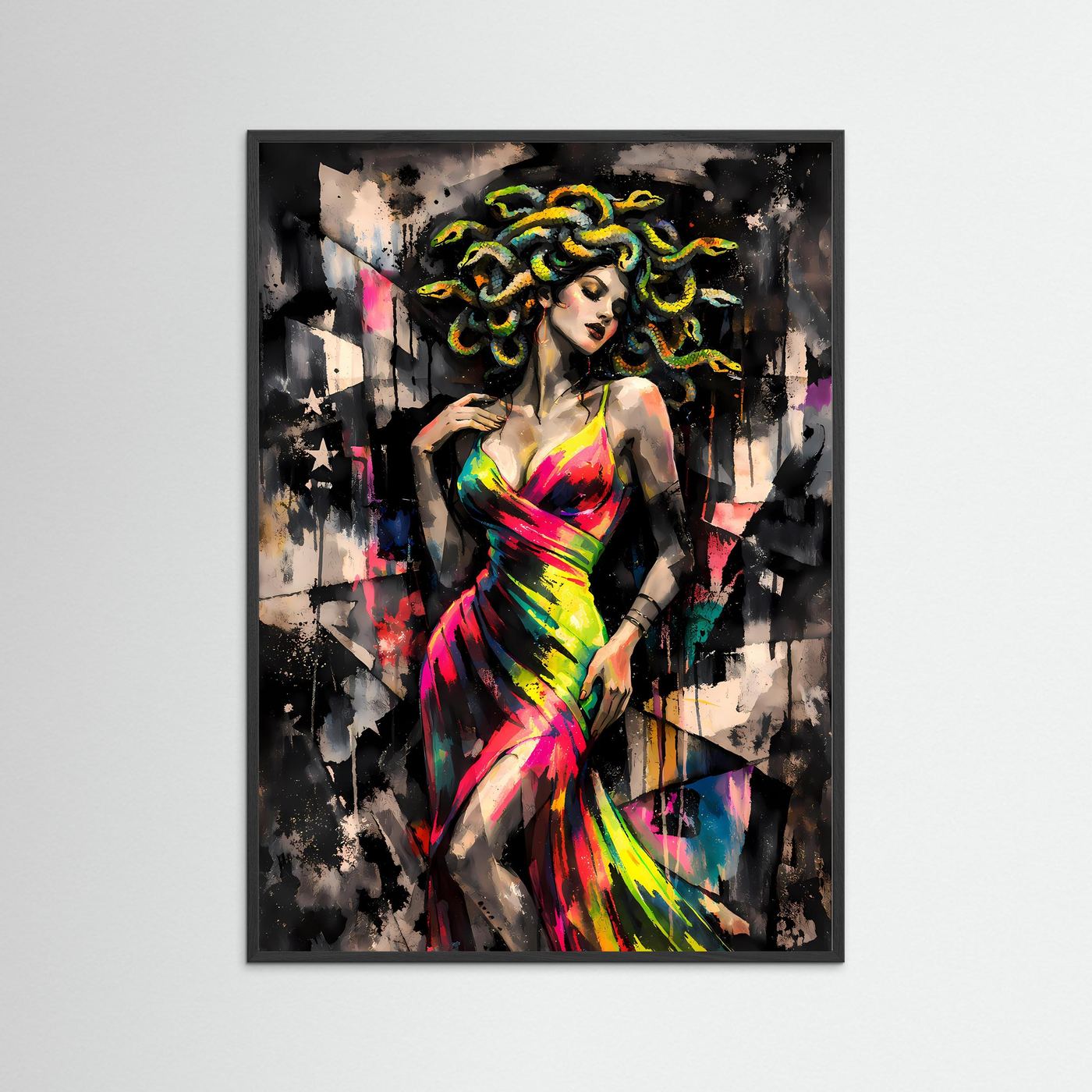 The Elegant Medusa | Luxuriöses Mythologie Poster Bunt & Dunkel | Abstraktes Medusa Kleid Kunstposter Hochformat