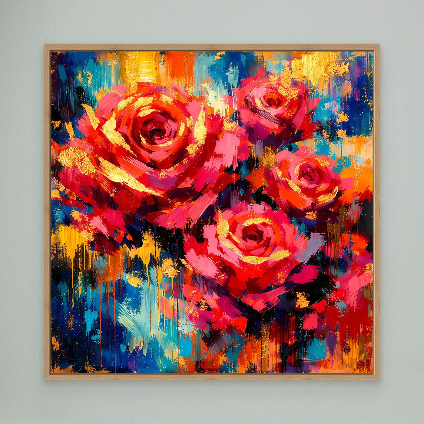 Abstraktes Rosen-Leinwandbild mit Holzrahmen, buntes Pinselstrichmotiv