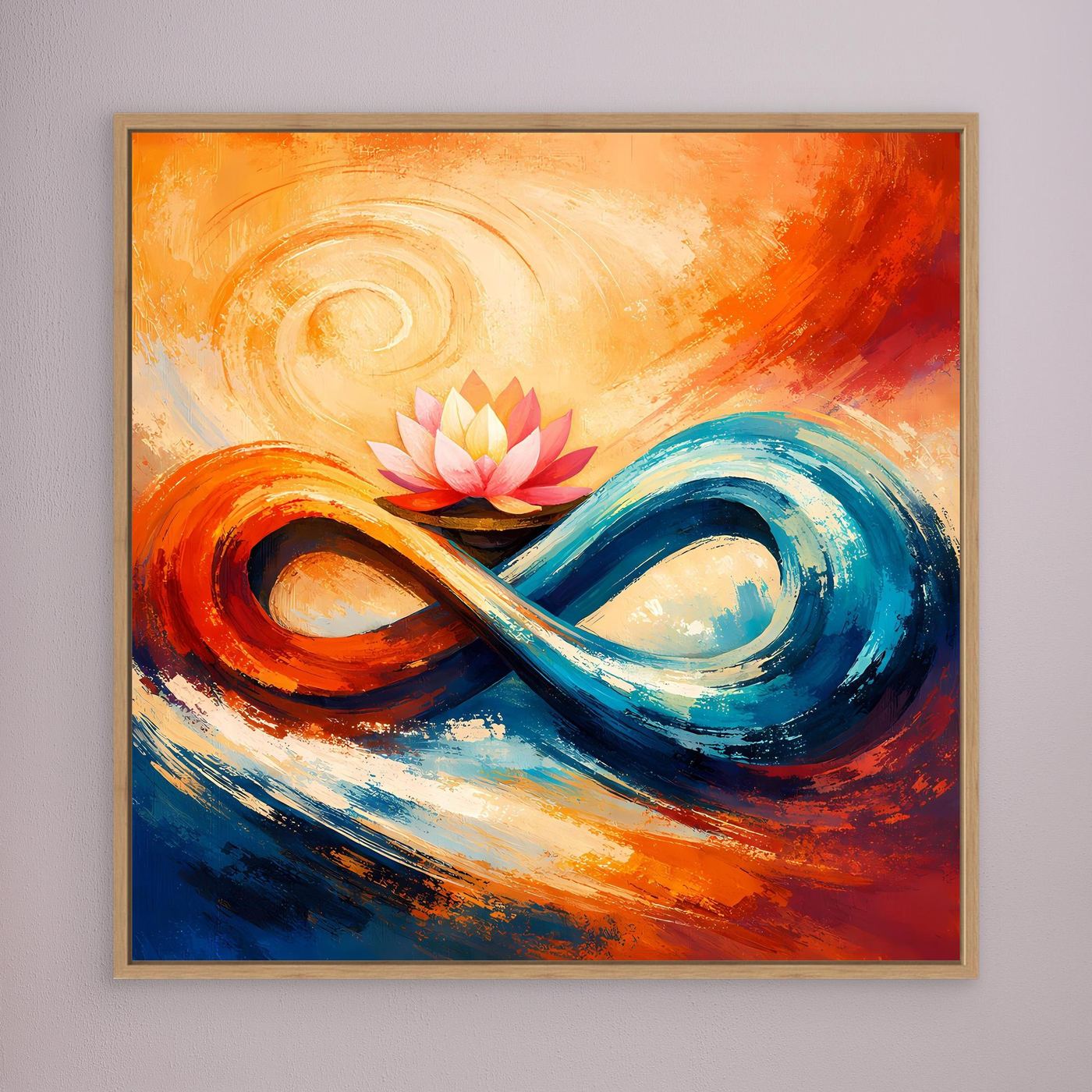 Abstraktes Leinwand-Wandbild mit Lotusblüte und Unendlichkeit in Orange, Blau und Rosa, mit Holzrahmen