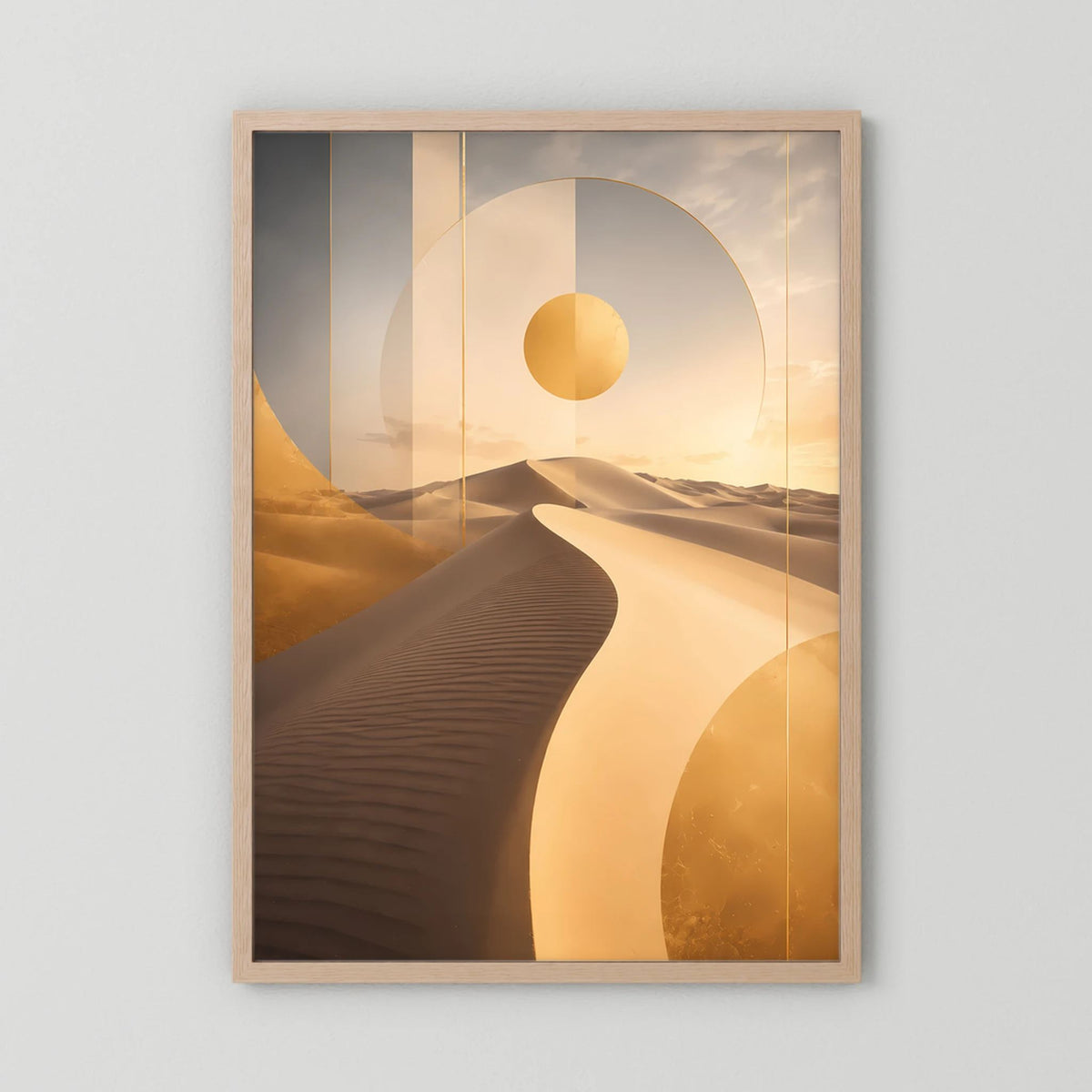 Vertikales Poster mit abstrakten Dünen und goldener Sonne, Eichenholzrahmen hell