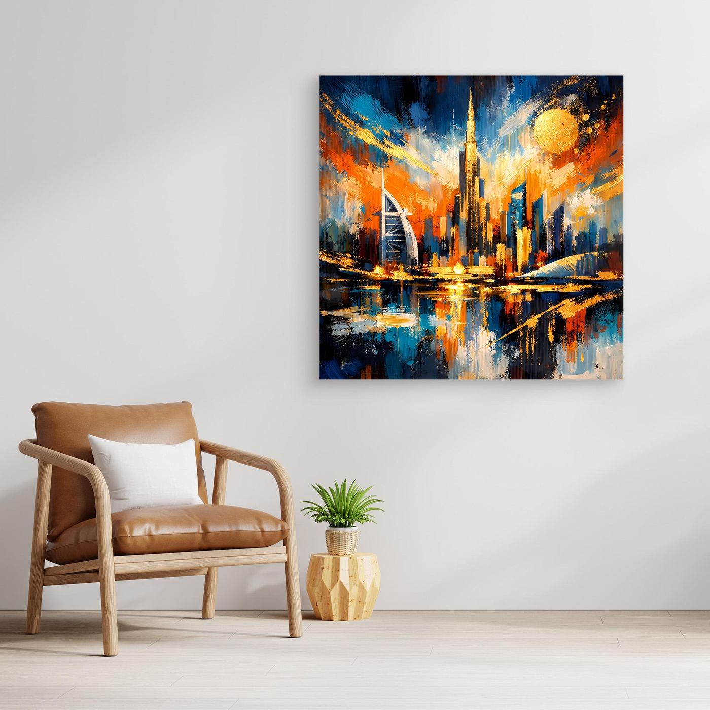 Abstraktes Leinwandbild Skyline mit gelbem Lichtkreis, spiegelnden Lichtern, Holzrahmen