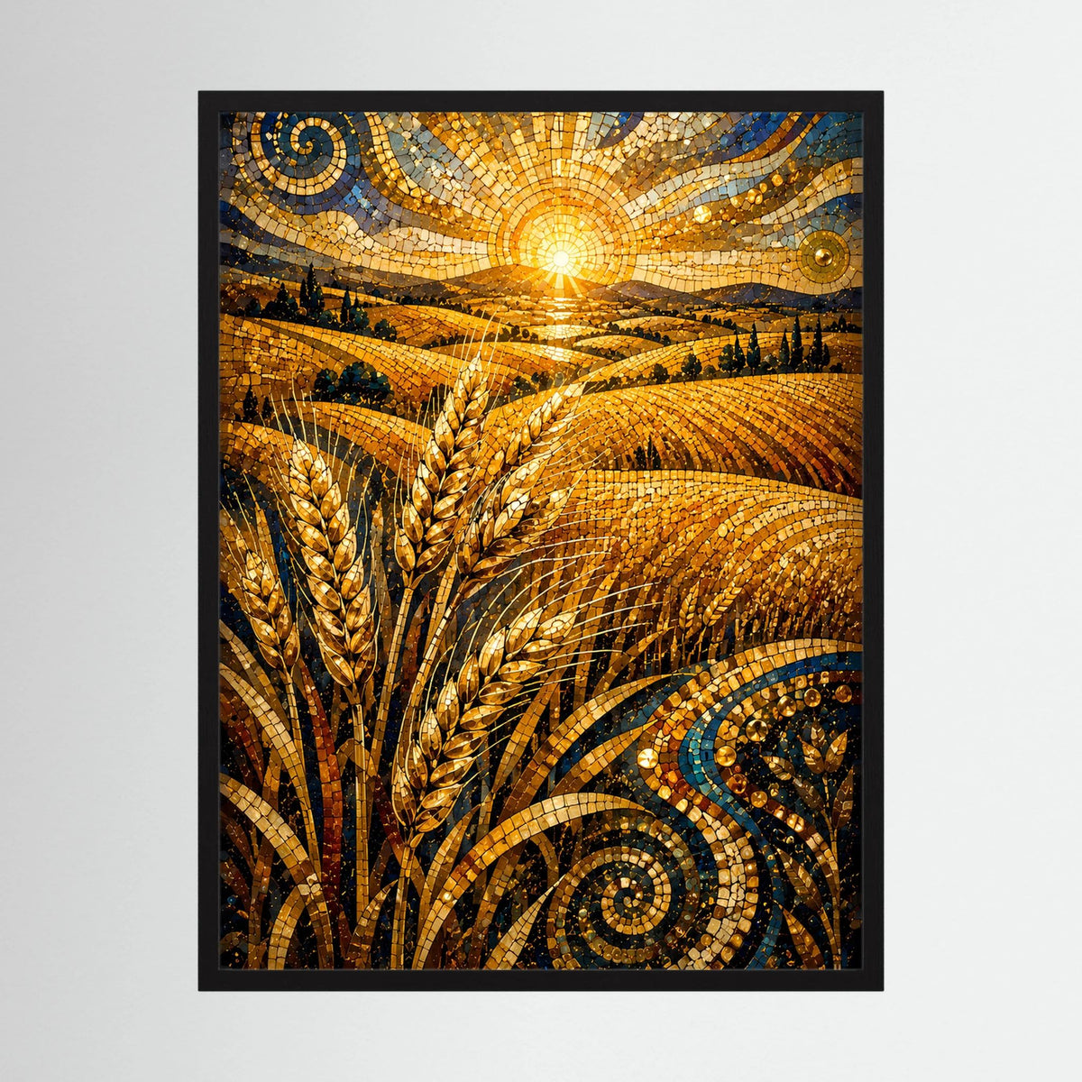 Hochformat-Poster mit goldenem Weizen und Sonnenaufgang im Mosaik, schwarzer Rahmen