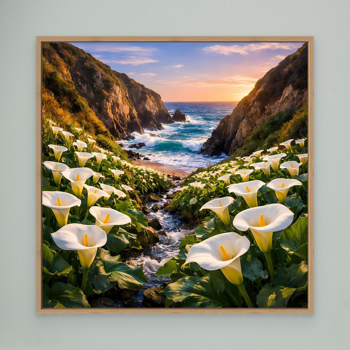Leinwandbild im Eichenrahmen mit Calla-Blüten und Küsten-Schlucht am Meer