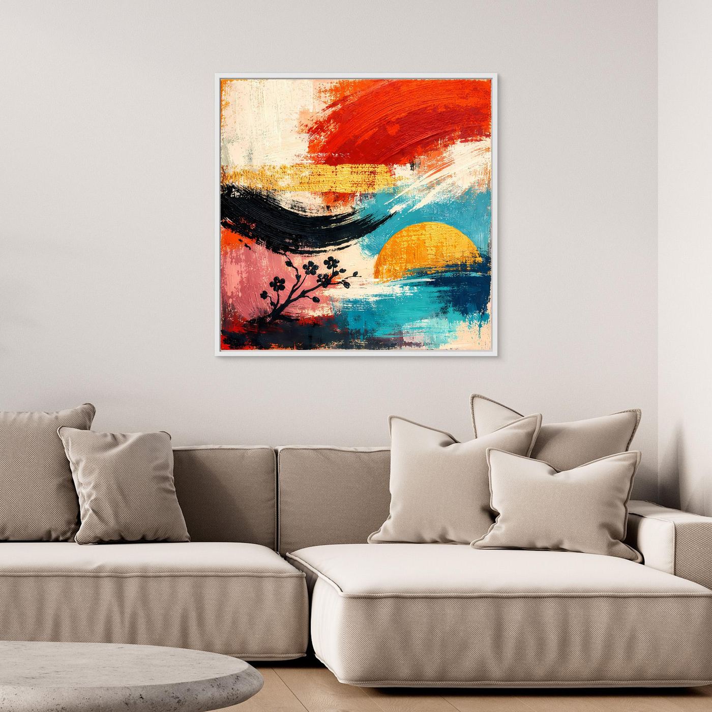 Leinwand-Wandbild mit abstrakter Kirschblütenlandschaft, roter und blauer Farbfläche, brauner Rahmen