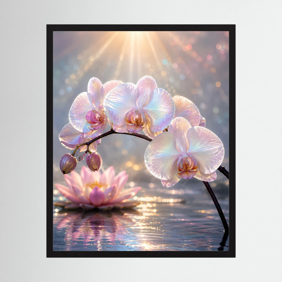 Gepostertes Blütenmotiv: Perlmutt-Orchideen mit Lotusblüte, im schwarzen Rahmen