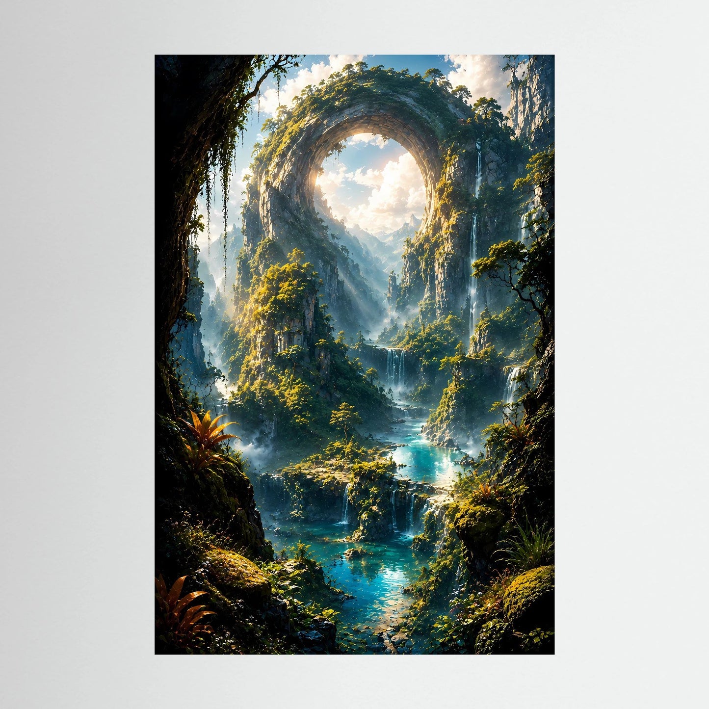 Mystisches Felsentor im Dschungel | Türkise Wasserfälle & verborgene Bergwelt | Poster Hochformat