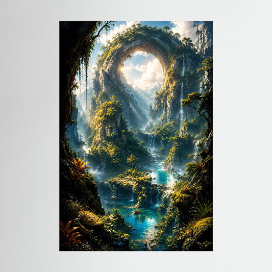 Hochformat-Poster mit mystischem Felsentor im Dschungel und türkisfarbenem Wasserfall
