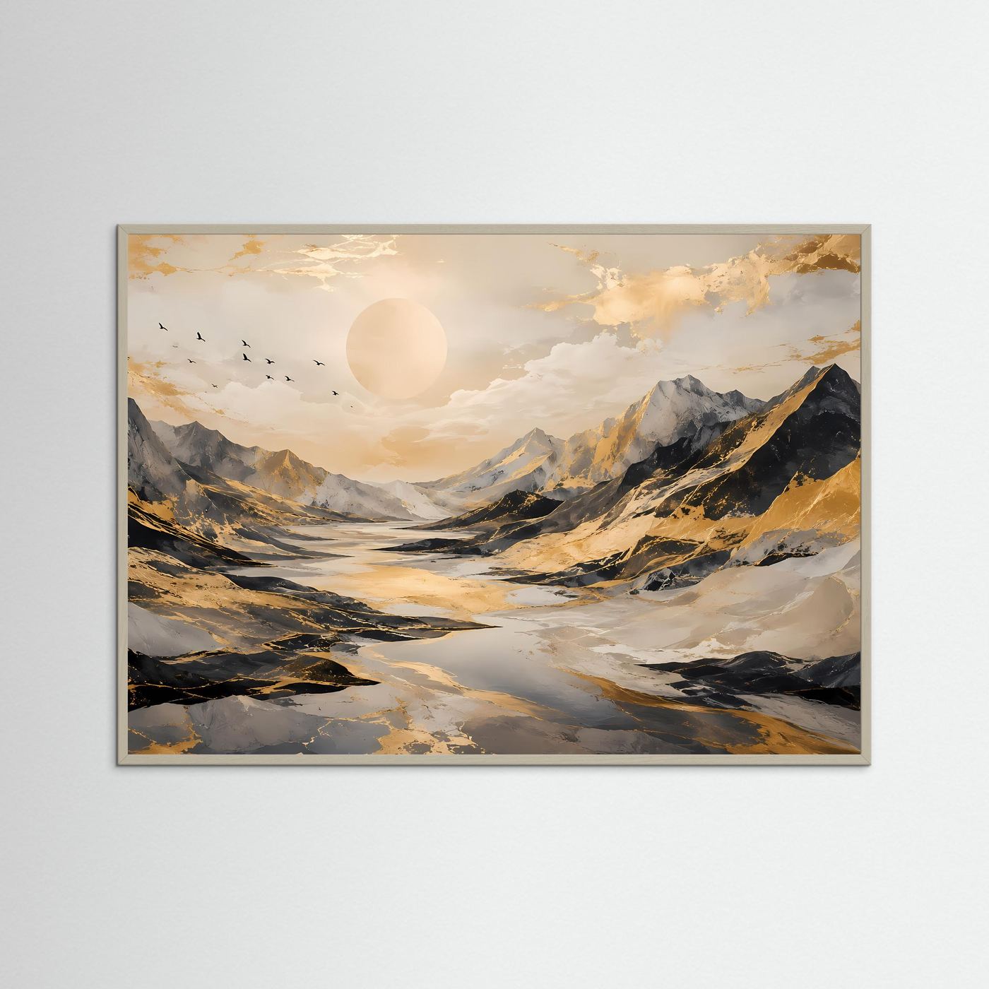 Abstrakte Berglandschaft mit Goldakzenten | Modernes Poster in Schwarz, Weiß & Gold | Edles Wandbild Querformat
