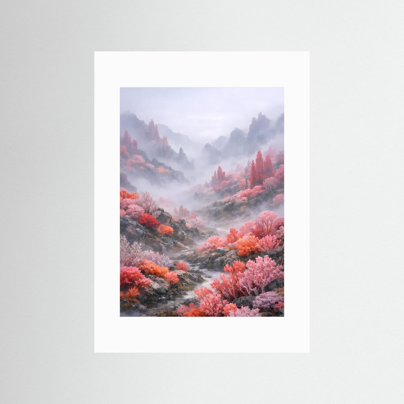 Kunstposter mit weißem Passepartout: rosafarbene Berge, Nebel und Fluss im Tal