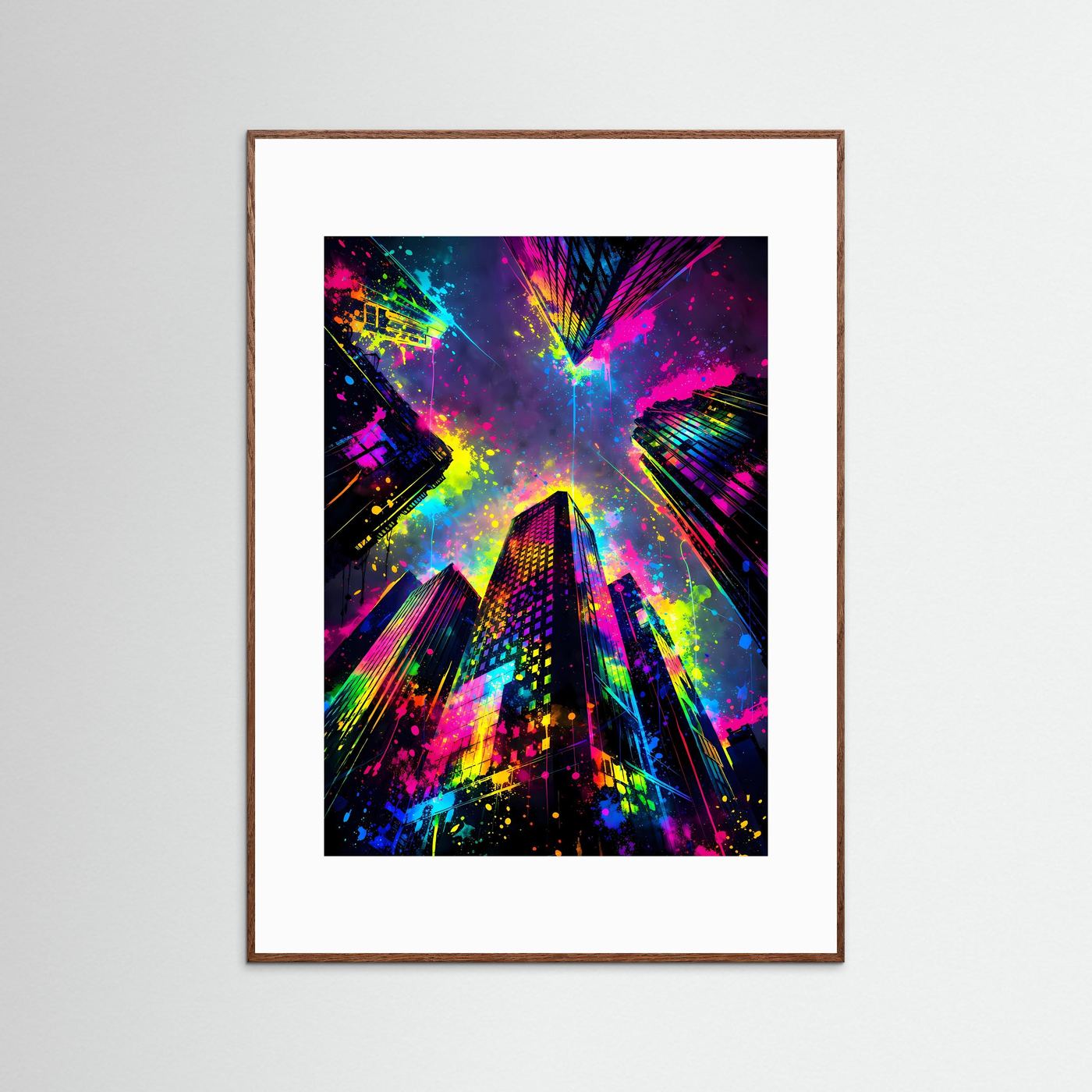 Urbane Farbexplosion | Abstraktes Wolkenkratzer Poster aus der Froschperspektive | Modernes Skyline Kunstposter Hochformat